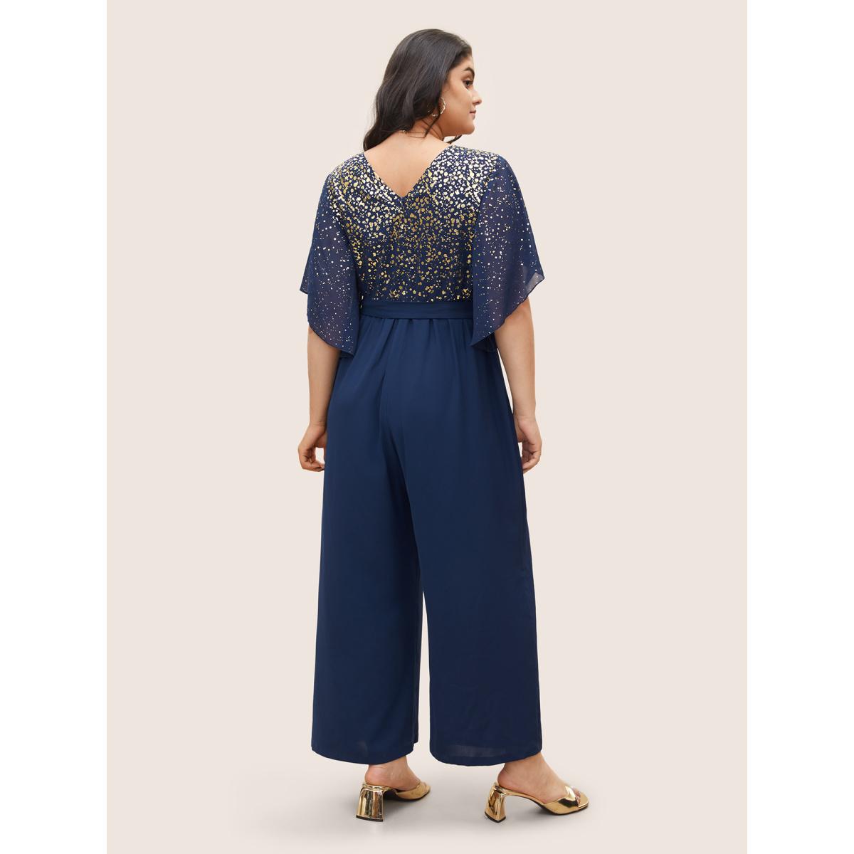 Plus Size DarkBlue Glitter Overlap Collar Mesh Flutter Sleeve Jumpsuit Women Cocktail Half Sleeve Overlap Collar Party Loose Jumpsuits BloomChic 14-16/1X Product Image