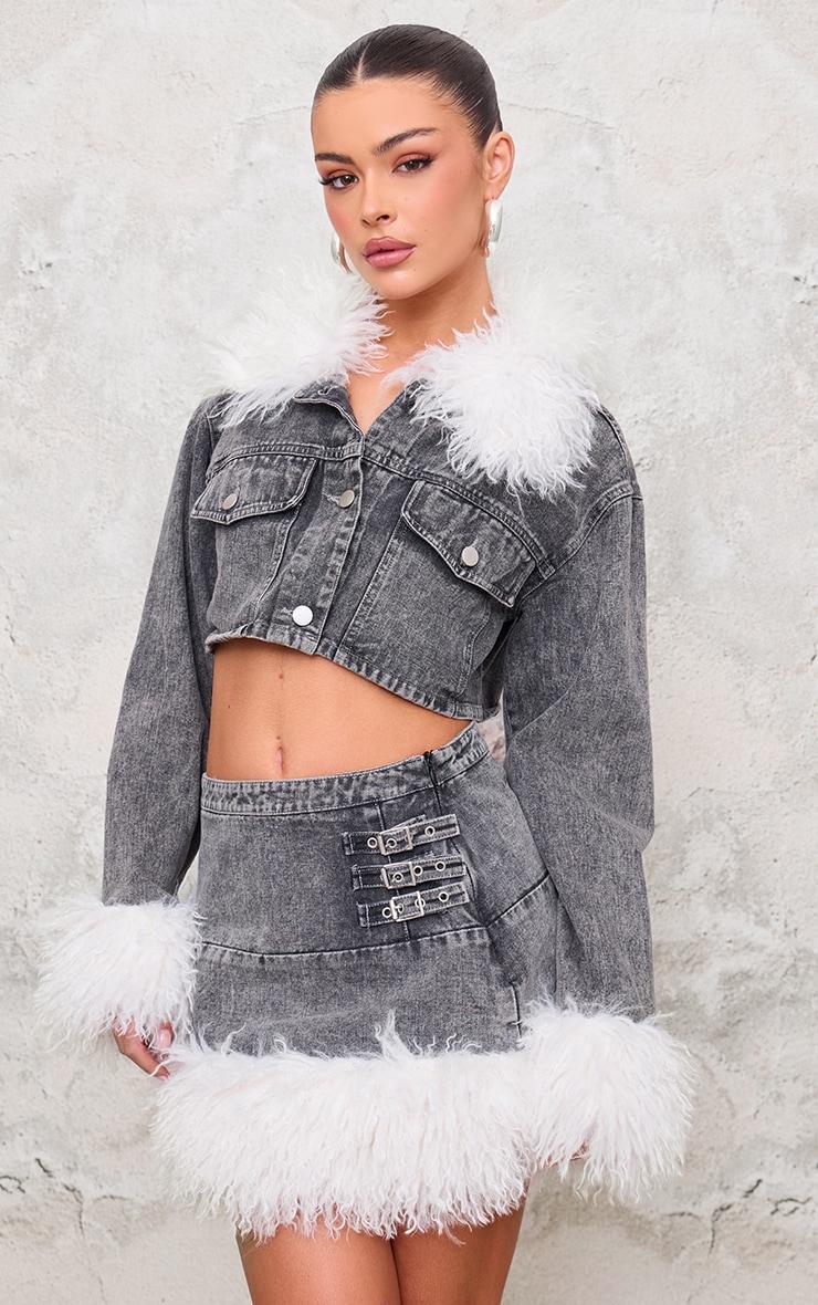 Washed Grey Denim Mini Skirt With Fur Trims Product Image