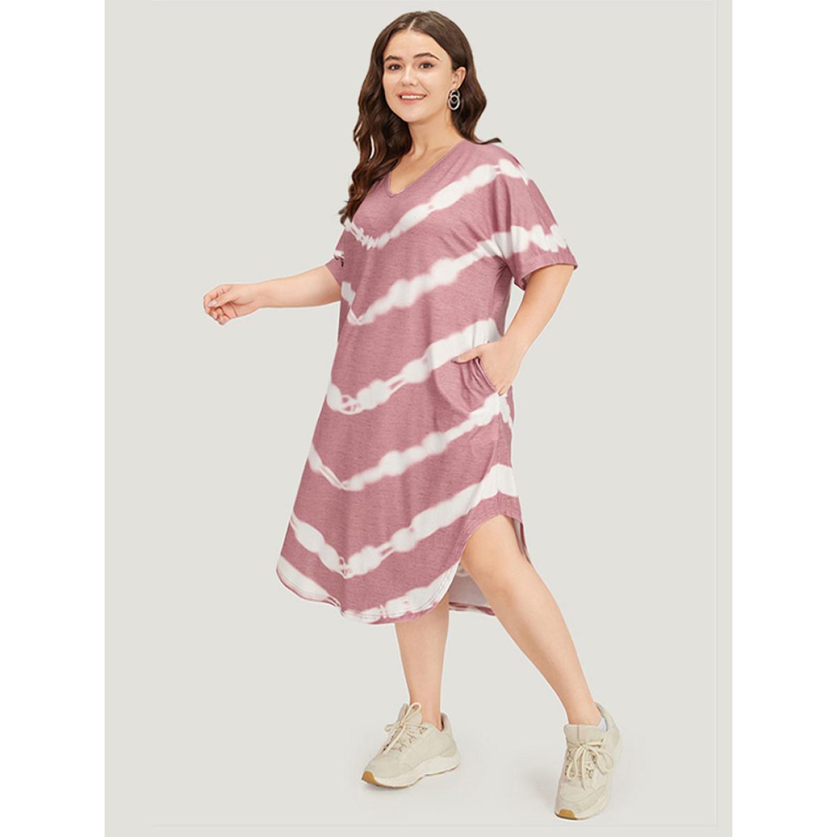 Plus Size Tie Dye Striped Two Tone V Neck Pocket Dress DustyPink Women Casual Tie Dye V-neck Short sleeve Curvy Midi Dress BloomChic 12/L Product Image