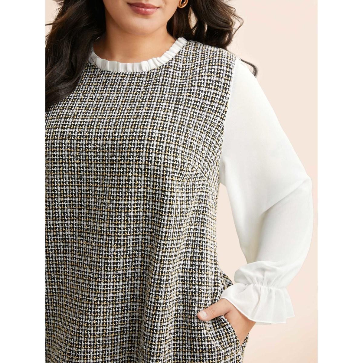 Plus Size Tweed Patchwork Ruffle Trim Dress Black Women Elegant Texture Mock Neck Long Sleeve Curvy BloomChic 30/6X Product Image