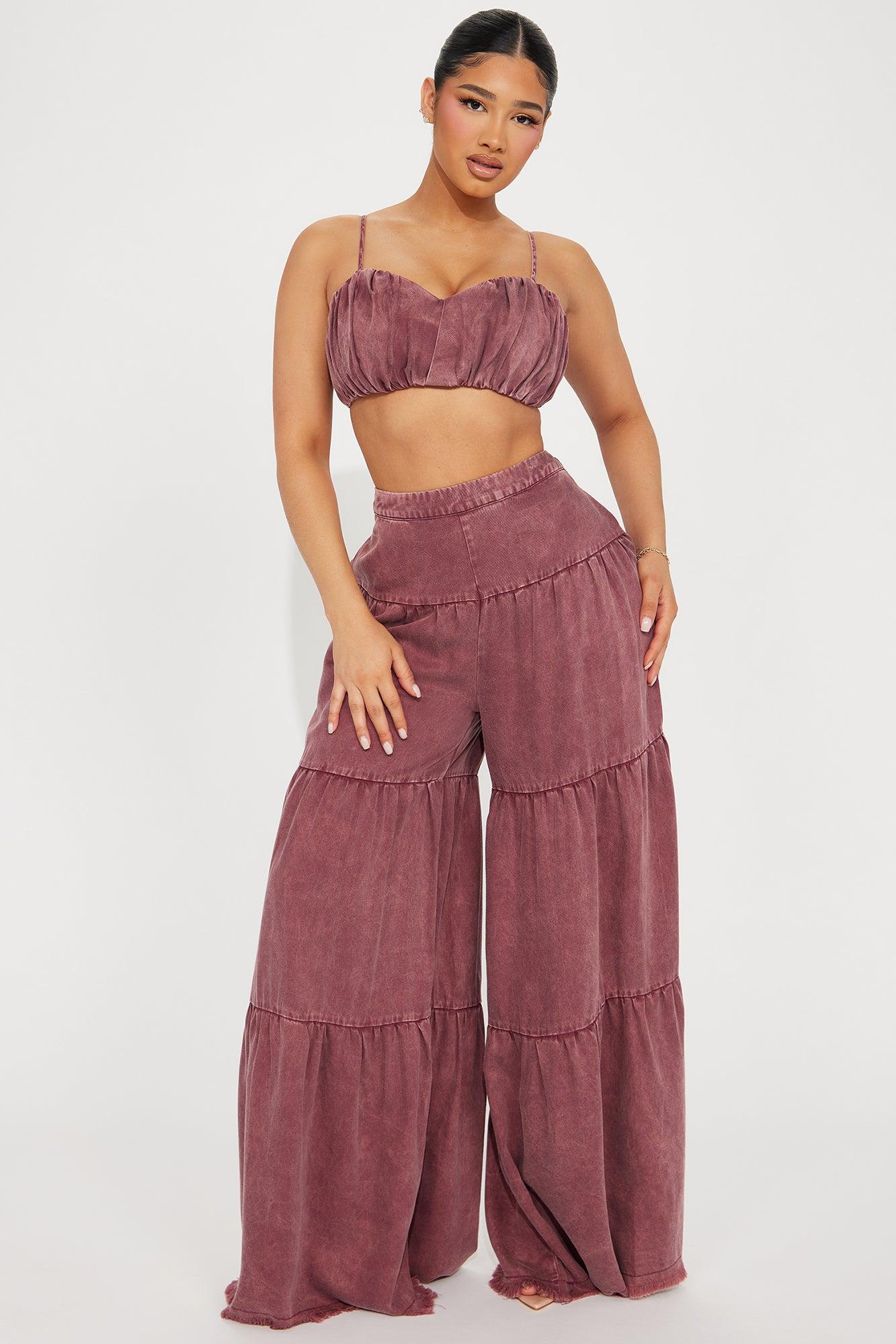 Olivia Washed Pant Set - Burgundy Product Image