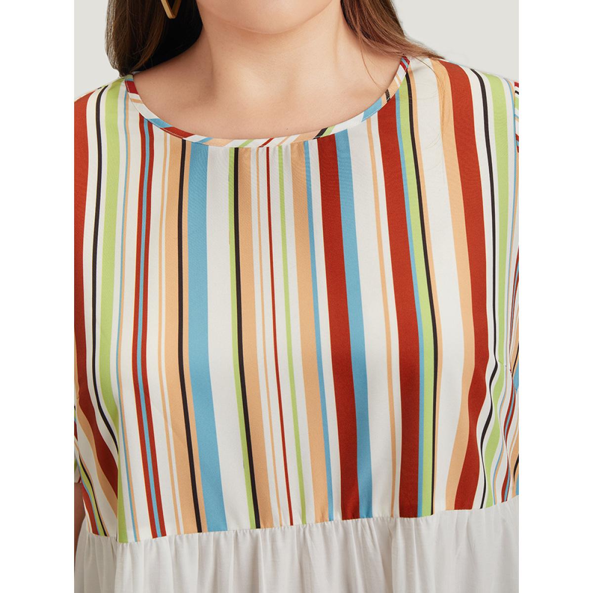 Plus Size Multicolor Rainbow Striped Patchwork Gathered Blouse Women Elegant Short sleeve Round Neck Dailywear Blouses BloomChic 22-24/3X Product Image