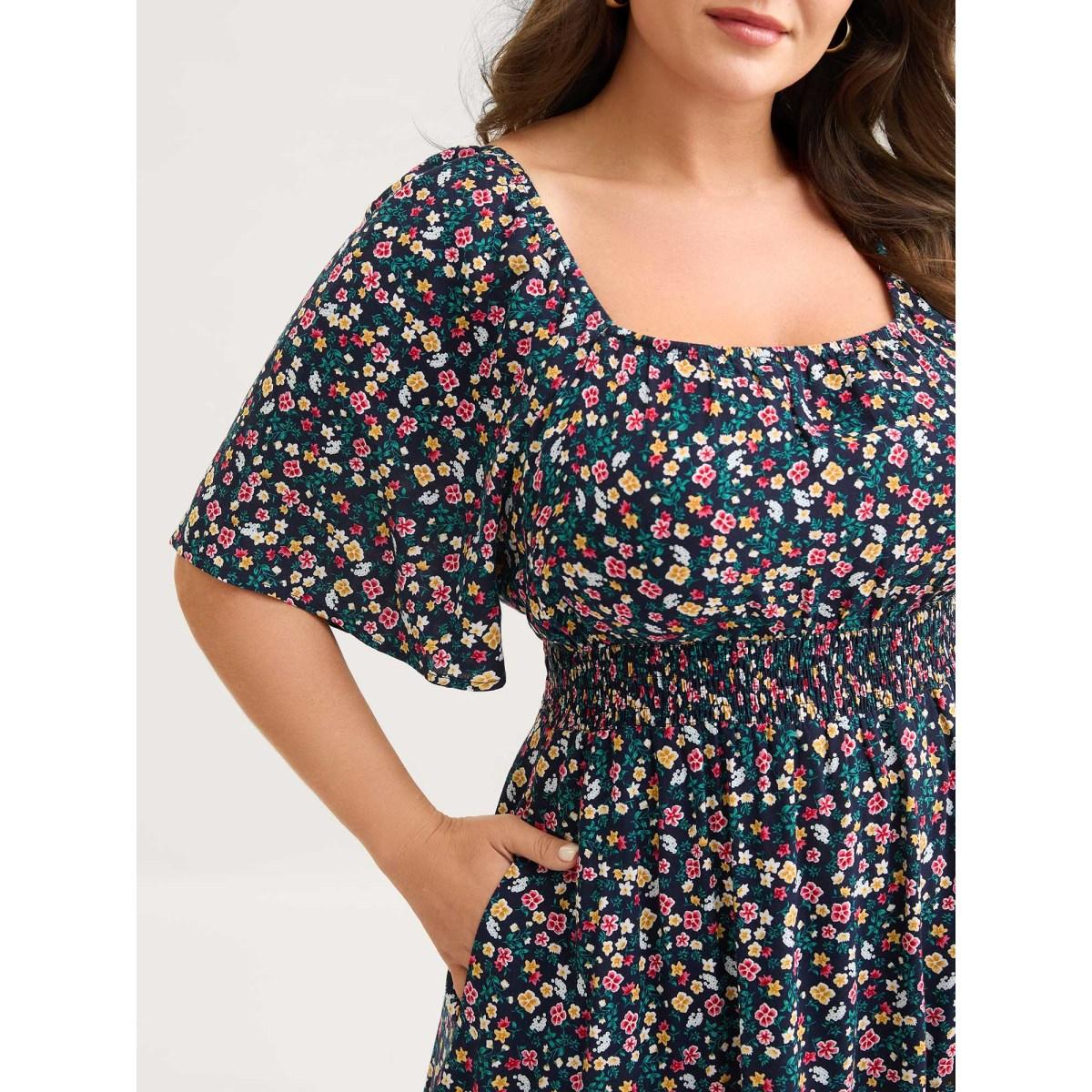 Plus Size Micro Floral Shirred Asymmetrical Midi Dress Navy Women Shirred Square Neck Short sleeve Curvy BloomChic 22-24/3X Product Image