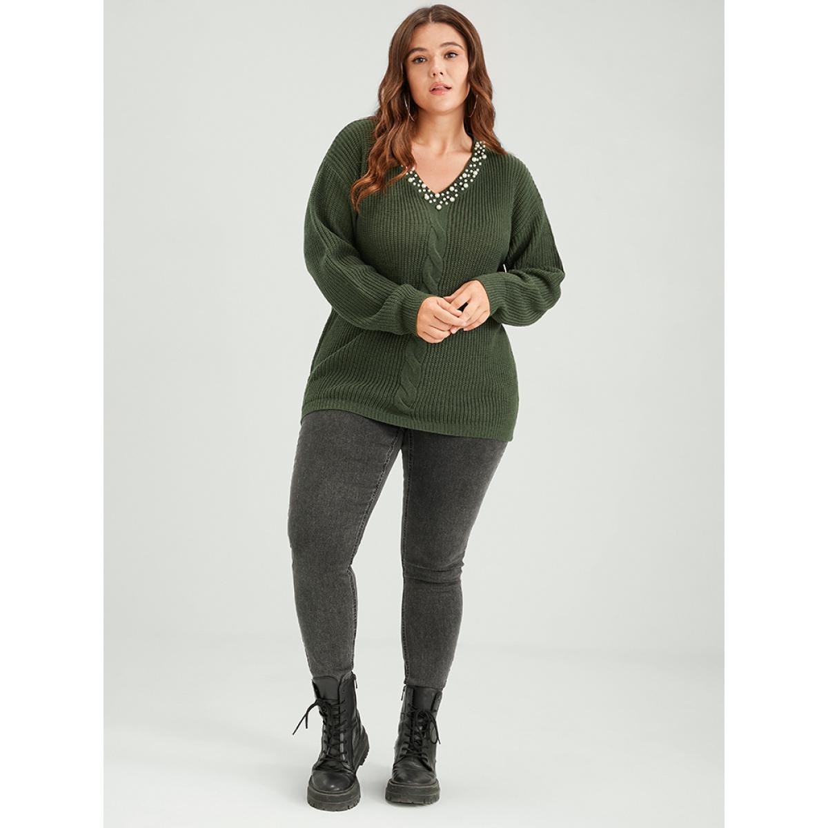 Plus Size Plain Pointelle Knit Pearl Beaded Neck Cable Knit Top ArmyGreen Women Casual Loose Long Sleeve V-neck Dailywear Pullovers BloomChic 10/M Product Image