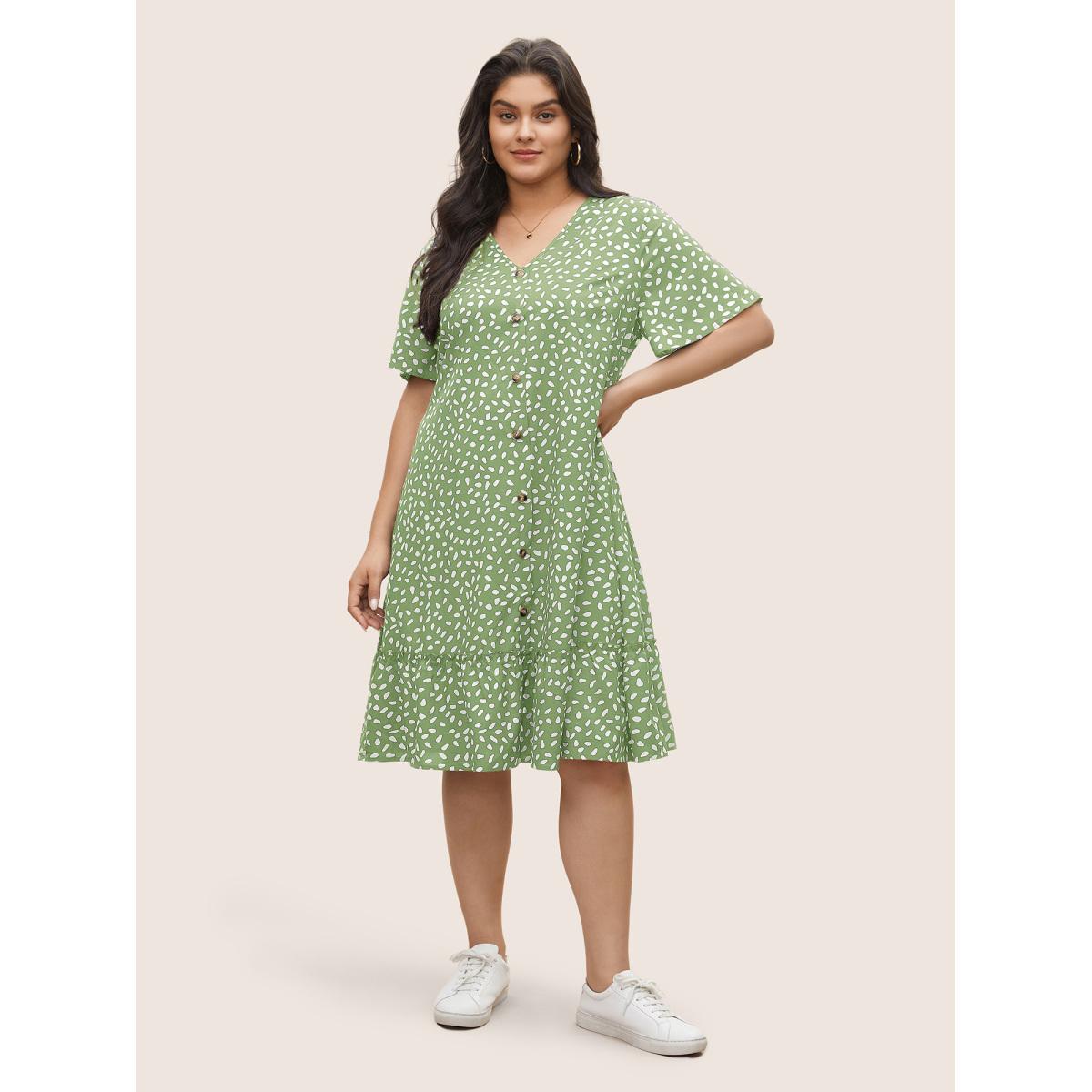 Plus Size Polka Dot Button Detail Flutter Layered Hem Dress Mint Women Casual Non V-neck Short sleeve Curvy Midi Dress BloomChic 14-16/1X Product Image