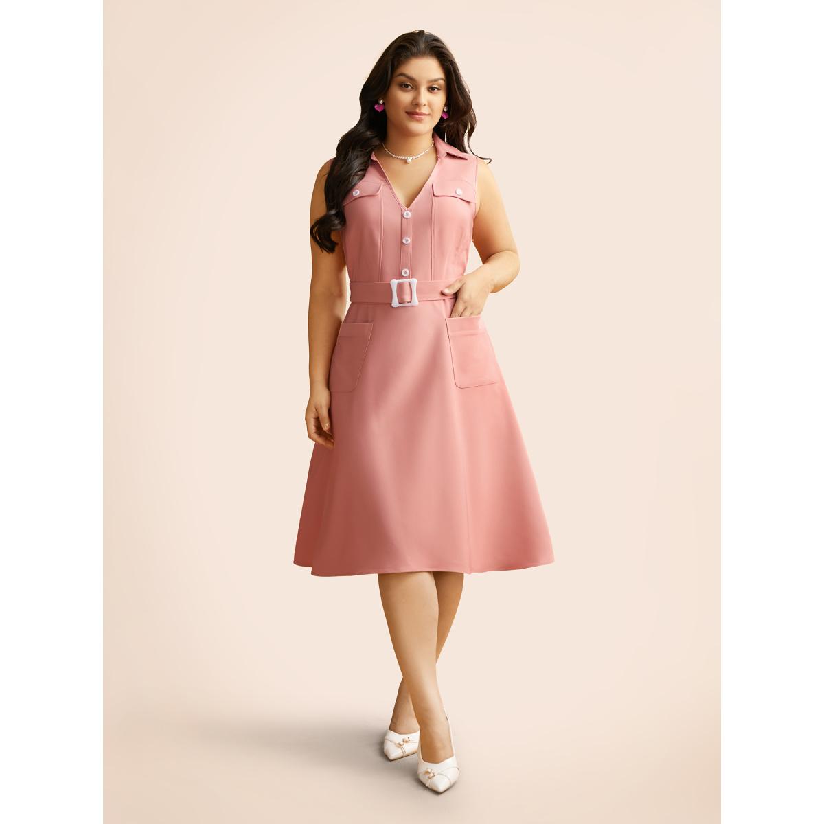 Plus Size Sleeveless Chest Flaps Midi Dress Crepe Women Cocktail Belted Party Curvy Bloomchic 30/6X Product Image
