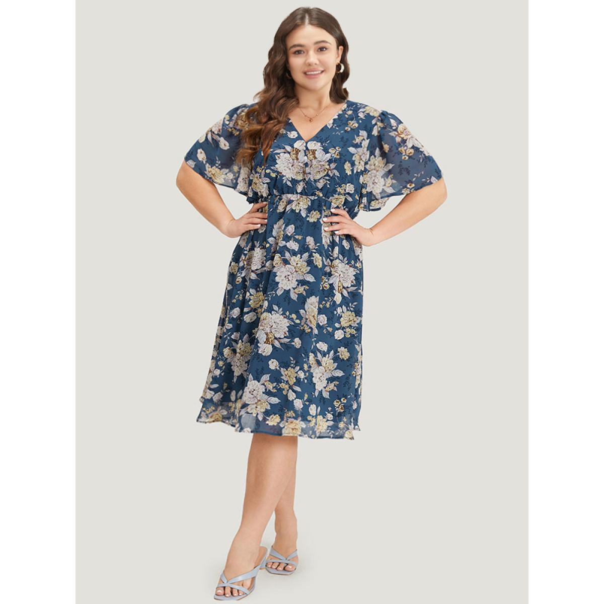 Plus Size Floral Print Surplice Neck Flutter Sleeve Dress Stone Women Elegant Gathered V-neck Short sleeve Curvy Midi Dress BloomChic 30/6X Product Image