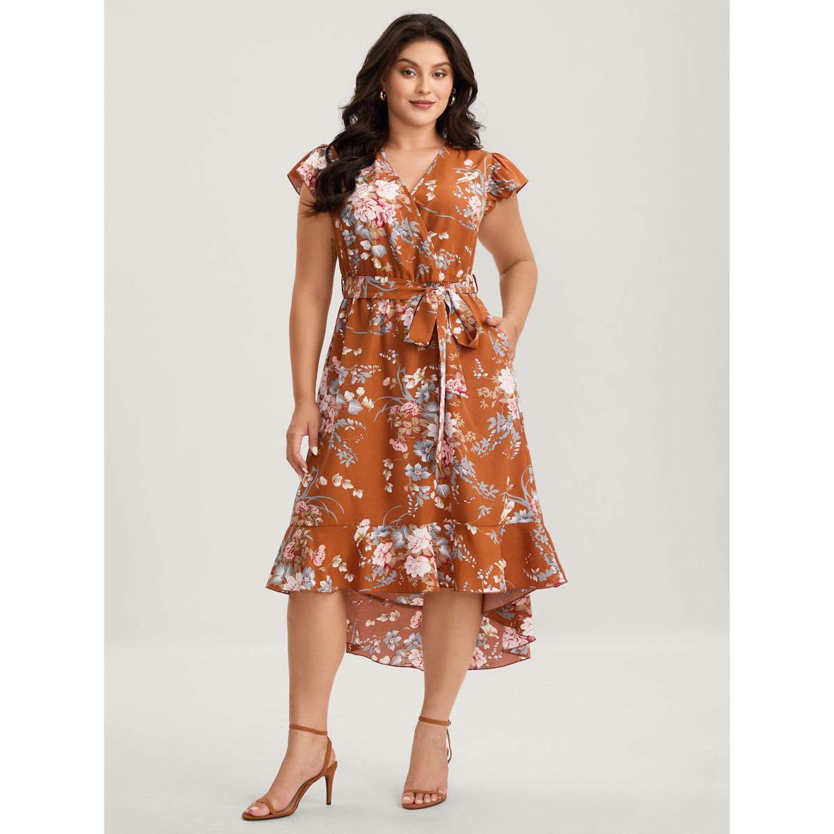 Plus Size Midnight Blooms Wrap A-Line Midi Dress Russet Women Romantic Overlap Collar Cap Sleeve Curvy BloomChic 30/6X Product Image
