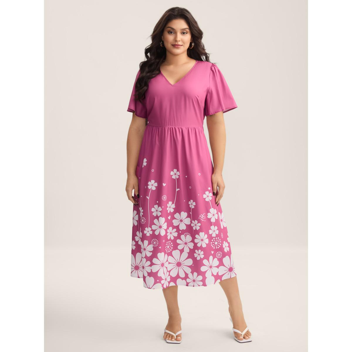 Plus Size V-Neck Floral Print Flared Sleeve Dress Russet Women Romantic Gathered V-neck Short sleeve Curvy BloomChic 12/L Product Image