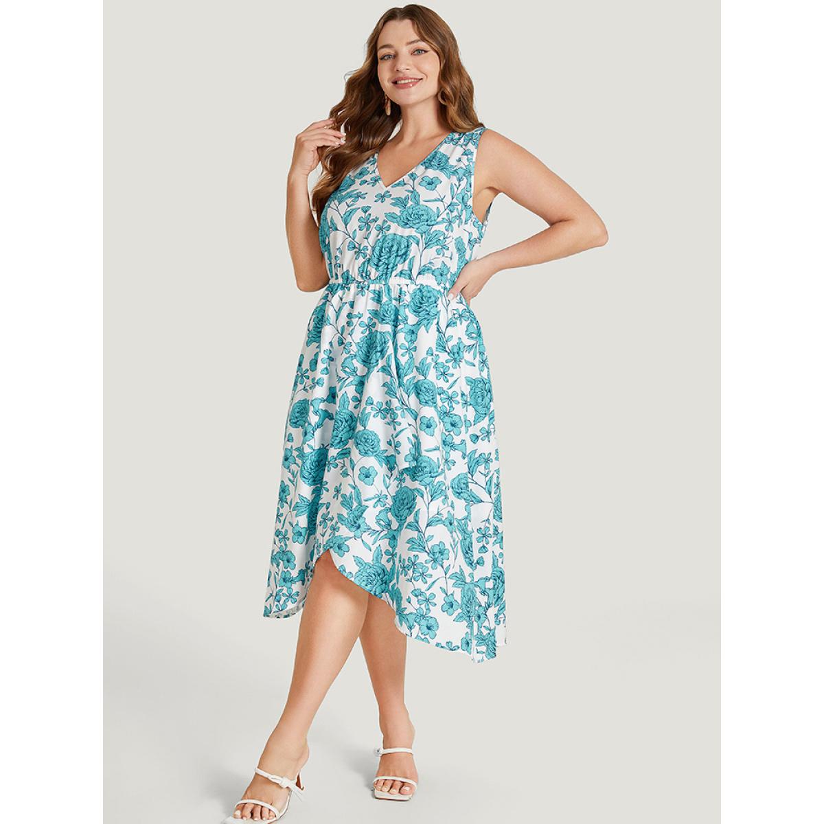 Plus Size Floral Print Pocket V Neck Asymmetrical Hem Tank Dress Teal Women Elegant Lined V-neck Sleeveless Curvy Midi Dress BloomChic 22-24/3X Product Image