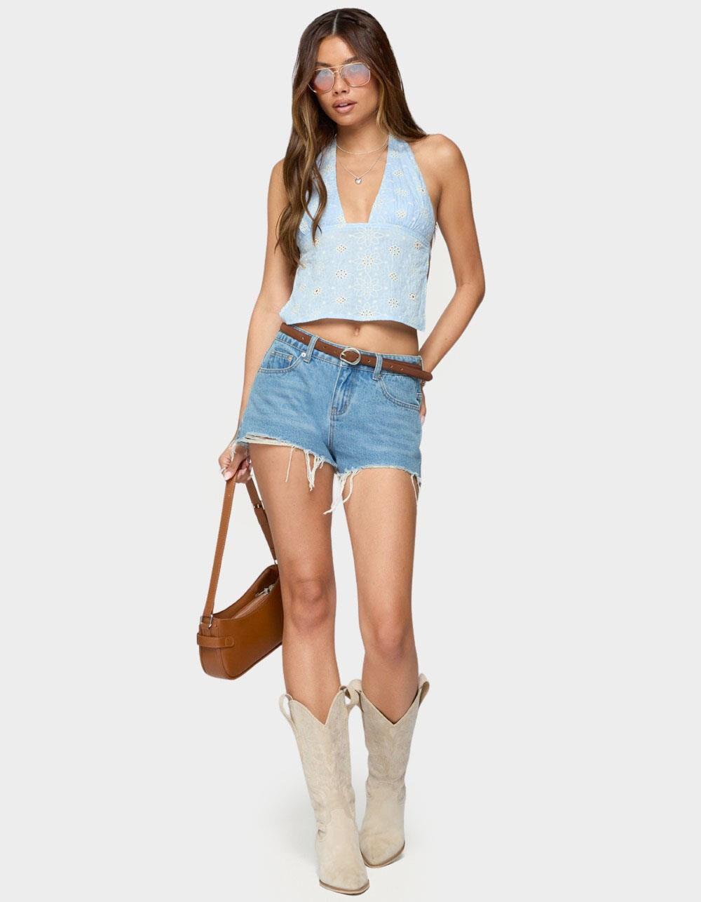 EDIKTED Floral Eyelet Backless Halter Top - BLUE Product Image