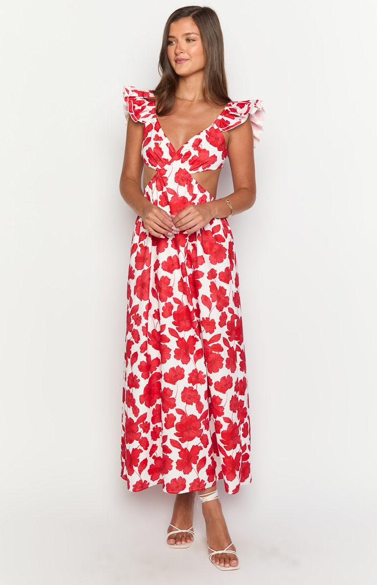 Kaden Red Anemone Floral Print Maxi Dress Product Image