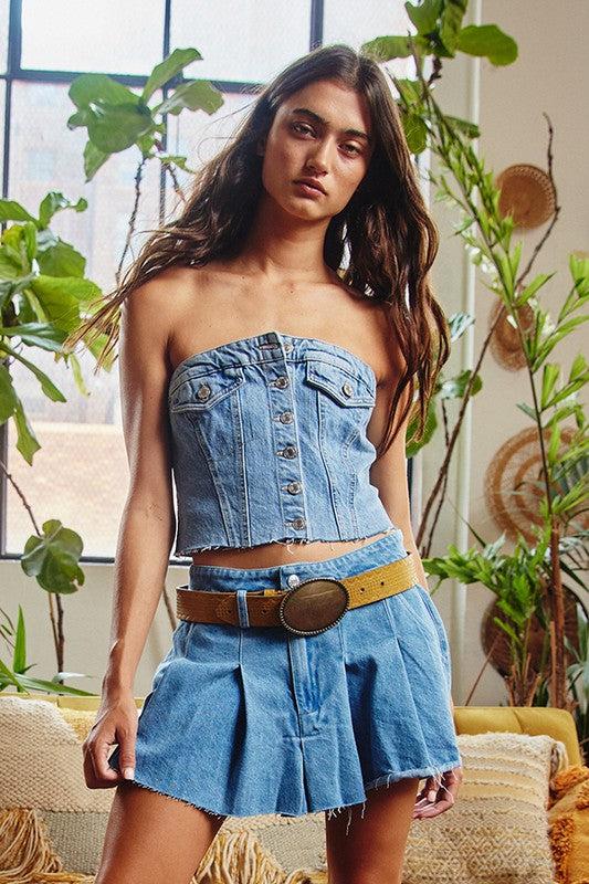 Pleated Denim Mini Skirt - Blue Product Image