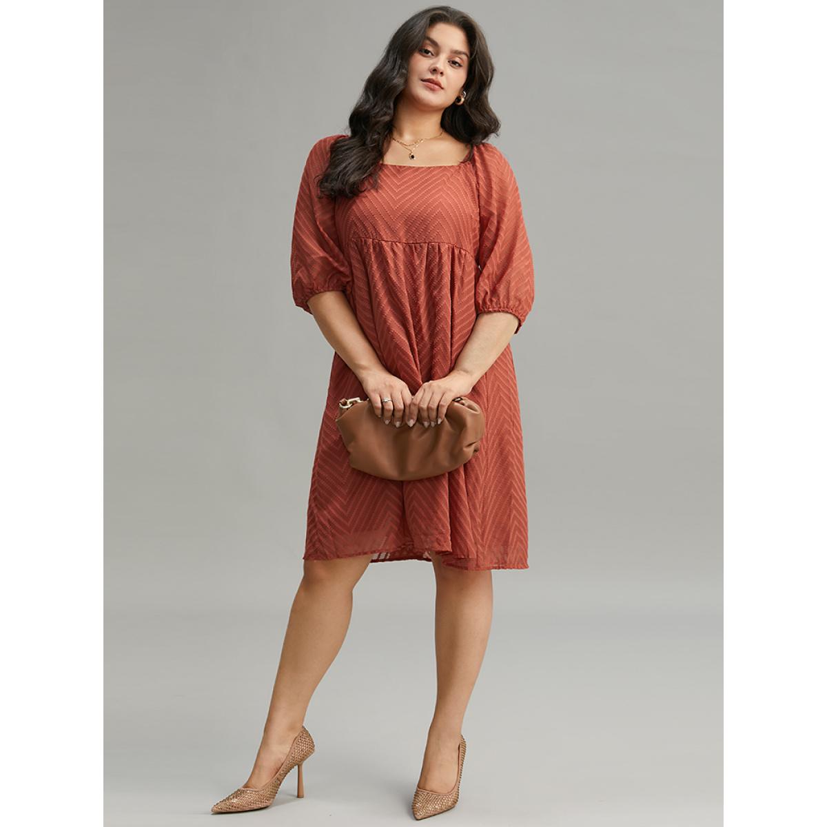 Plus Size Plisse Solid Square Neck Lantern Sleeve Dress Rust Women Office Lined Square Neck Half Sleeve Curvy Midi Dress BloomChic 18-20/2X Product Image