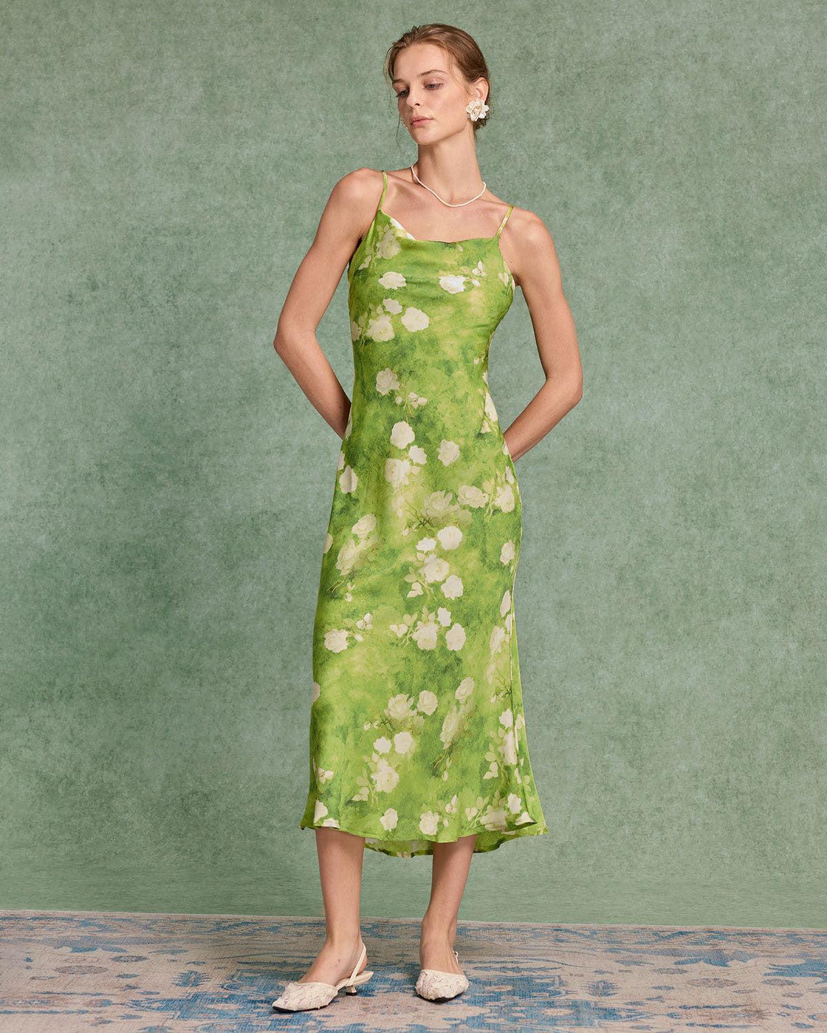 Green Floral A-Line Slip Midi Dress Product Image