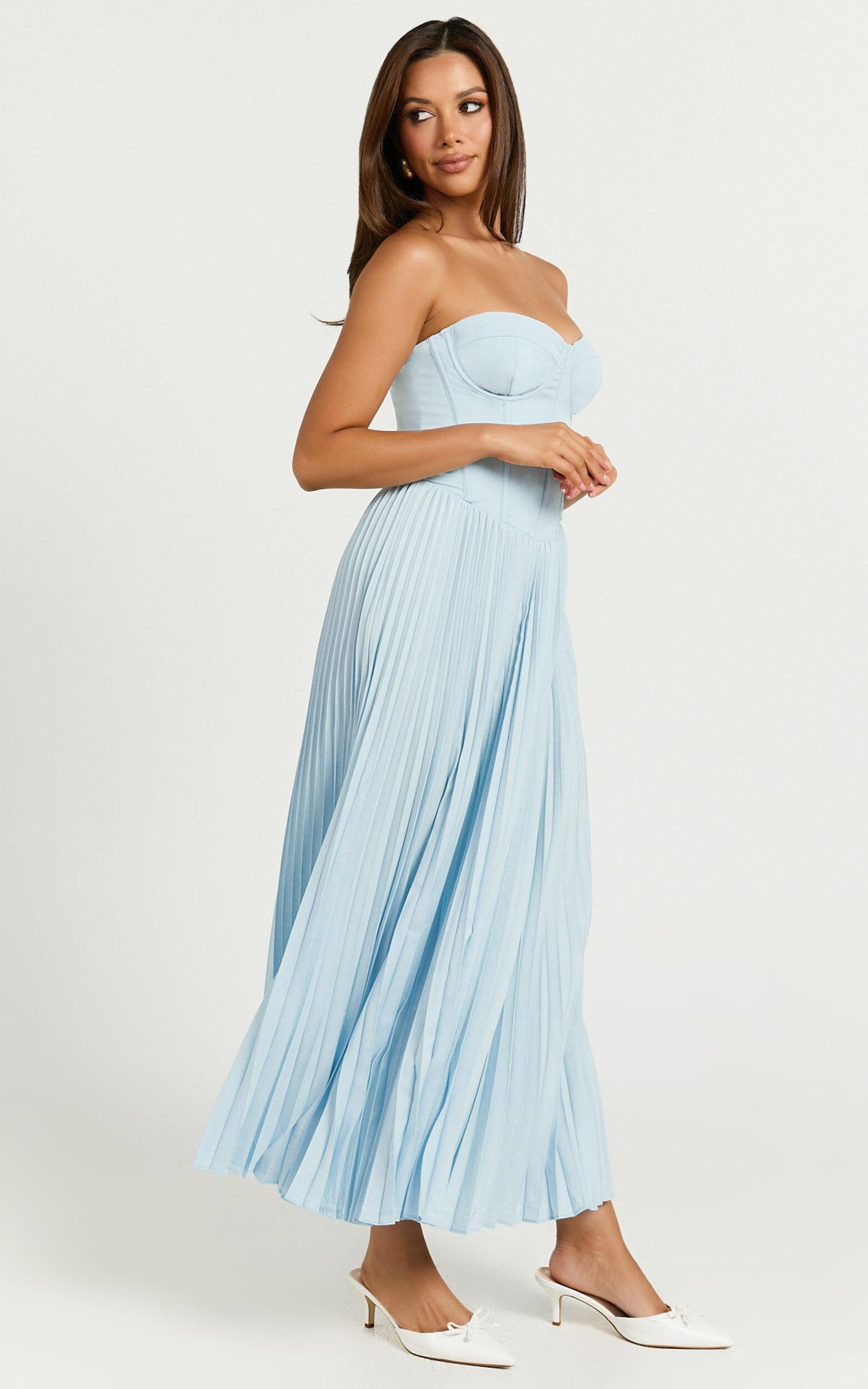 Loretta Midi Dress - Lace Up Back Bustier Pleated Dress in Light Blue Product Image