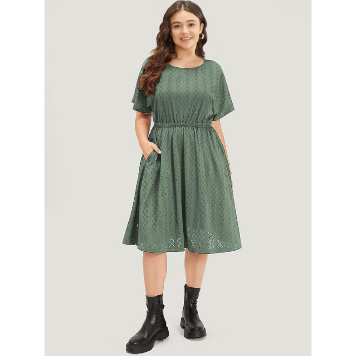 Plus Size Plain Geo Eyelet Batwing Sleeve Elastic Waist Dress Mint Women Casual Texture Round Neck Short sleeve Curvy Midi Dress BloomChic 18-20/2X Product Image