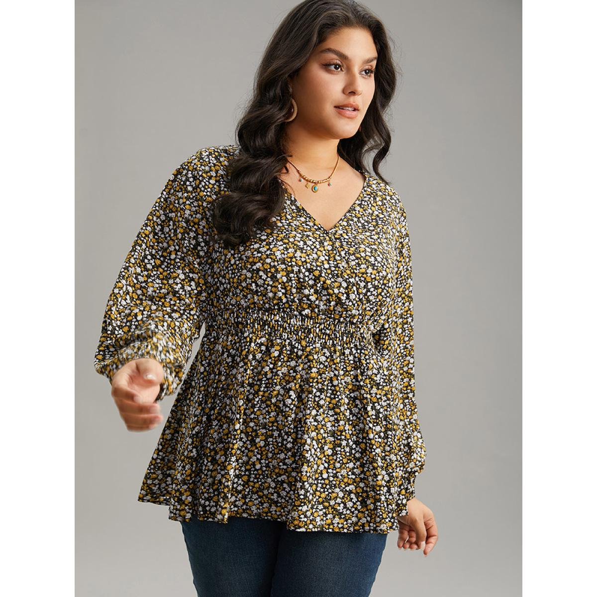 Plus Size Black Ditsy Floral Lantern Sleeve Shirred Blouse Women Elegant Long Sleeve V-neck Dailywear Blouses BloomChic 18-20/2X Product Image