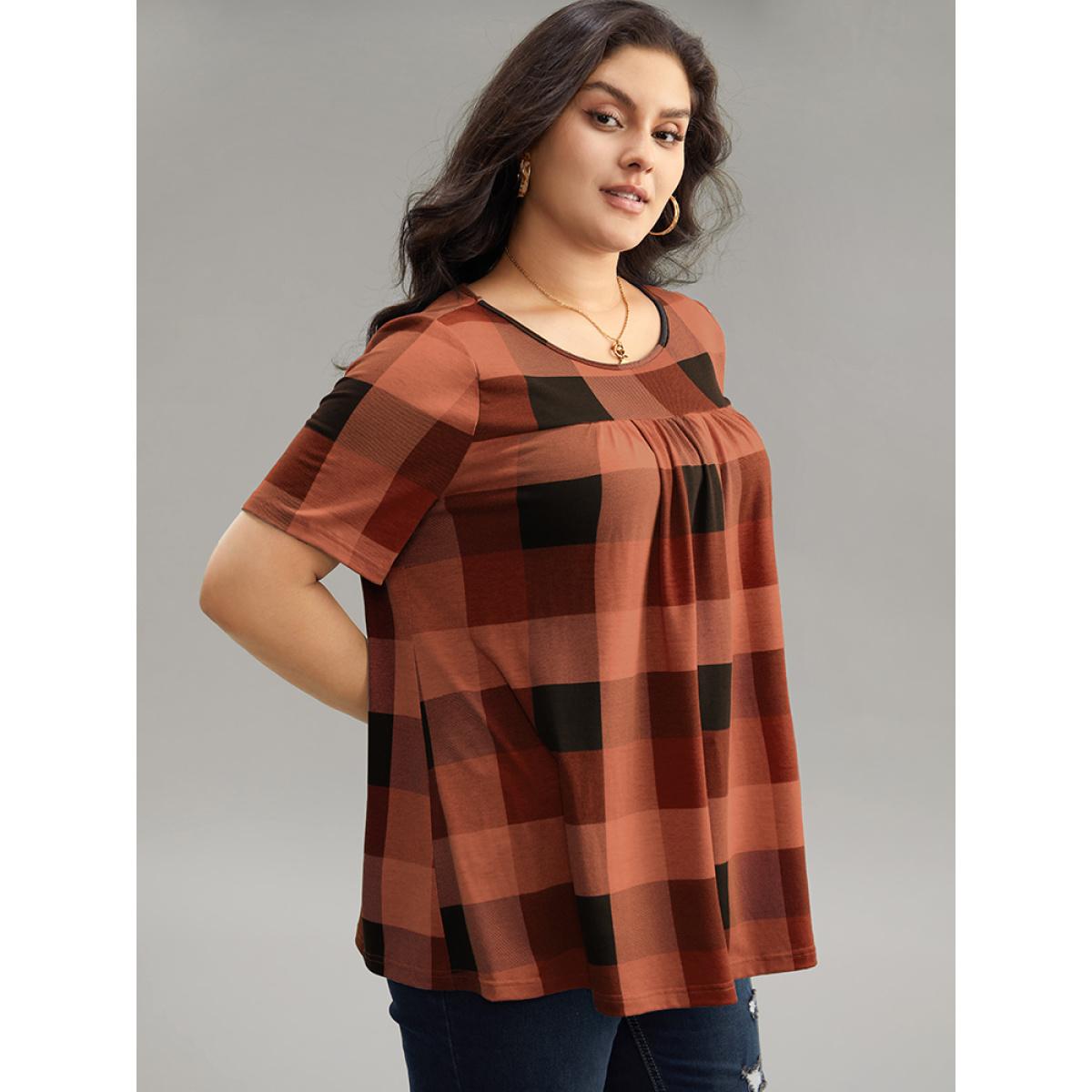 Plus Size Plaid Round Neck Gathered T-shirt Red Women Casual Gathered Plaid Round Neck Everyday T-shirts BloomChic 30/6X Product Image