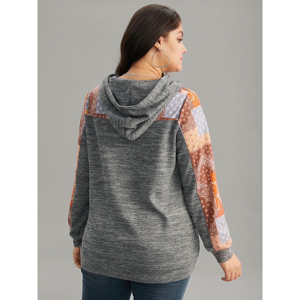 Plus Size Boho Print Contrast Heather Hooded Sweatshirt Women DimGray Casual Contrast Hooded Dailywear Sweatshirts BloomChic 22-24/3X Product Image