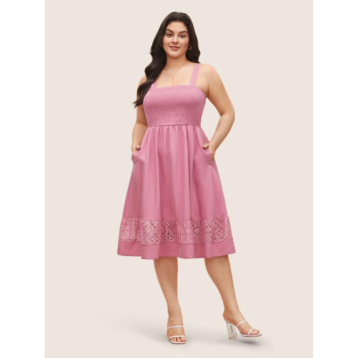 Plus Size Solid Shirred Pocket Contrast Lace Cami Dress Pink Women Elegant Non Non Sleeveless Curvy Midi Dress BloomChic 30/6X Product Image