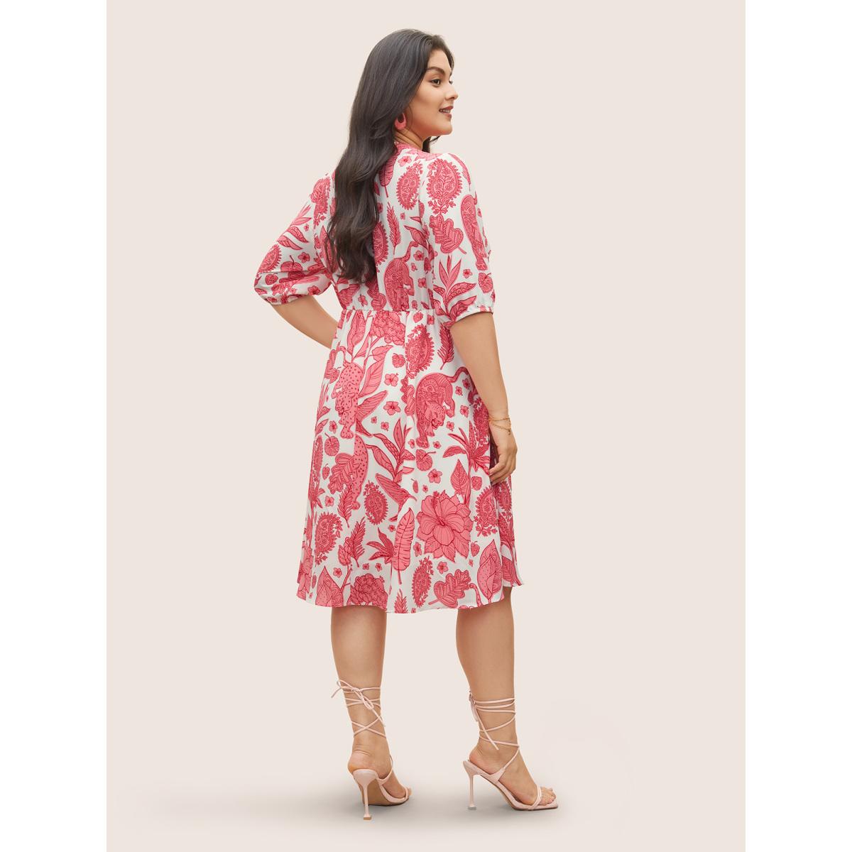 Plus Size Plants & Animal Print Notched Lantern Sleeve Dress Salmon Women Resort Non Notched collar Short sleeve Curvy Midi Dress BloomChic 12/L Product Image