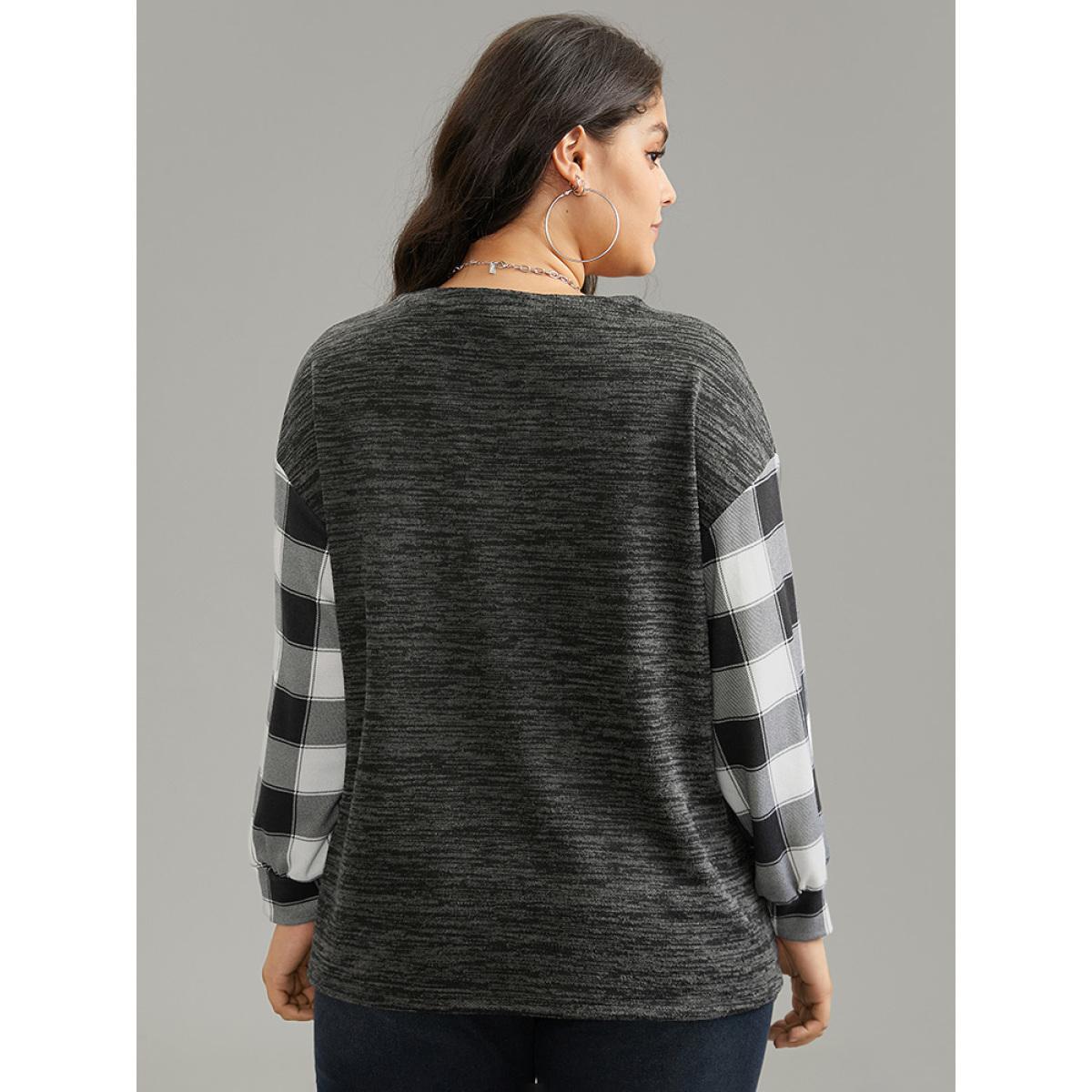 Plus Size Plaid Patchwork Heather Notched Sweatshirt Women Black Casual Contrast Notched collar Dailywear Sweatshirts BloomChic 22-24/3X Product Image