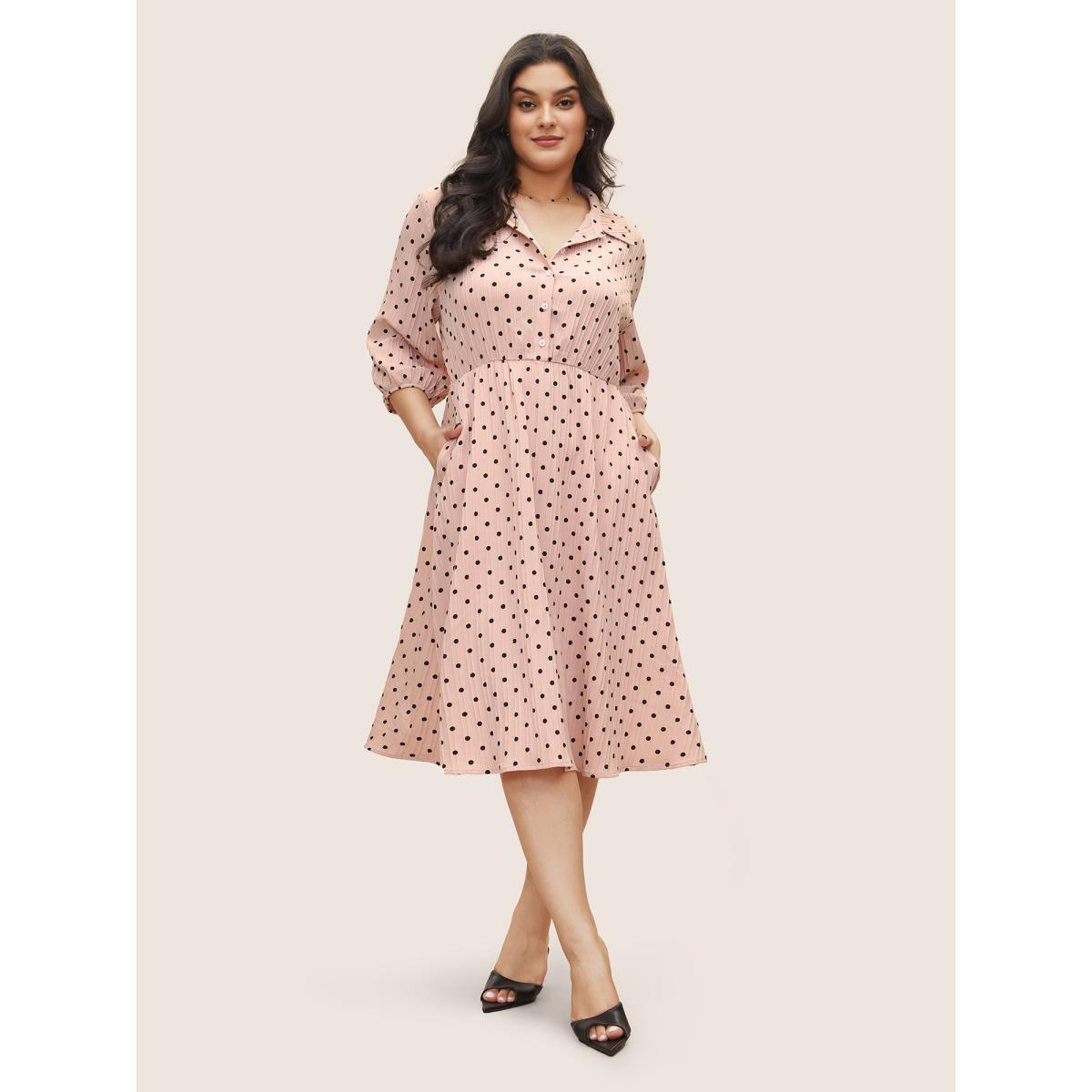 Plus Size Polka Dot Textured Elastic Waist Button Up Dress MistyRose Women At the Office Non Shirt collar Elbow-length sleeve Curvy Midi Dress BloomChic 14-16/1X Product Image