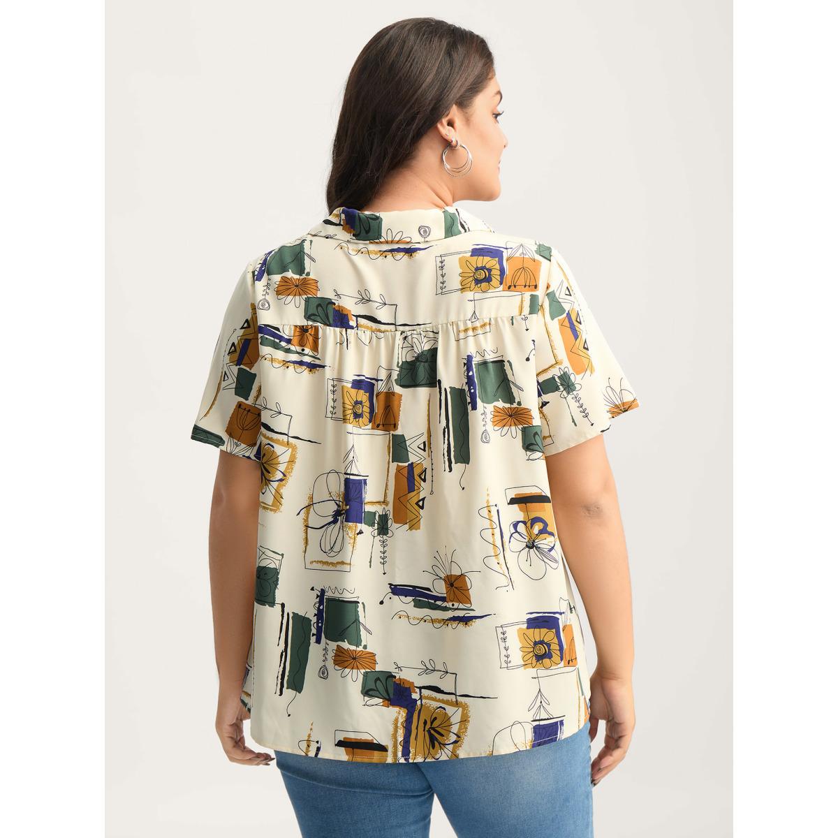 Plus Size Ivory Floral Notes Collared Blouse Women Short sleeve Shirt collar Everyday-Casual Blouses BloomChic 26/4X Product Image