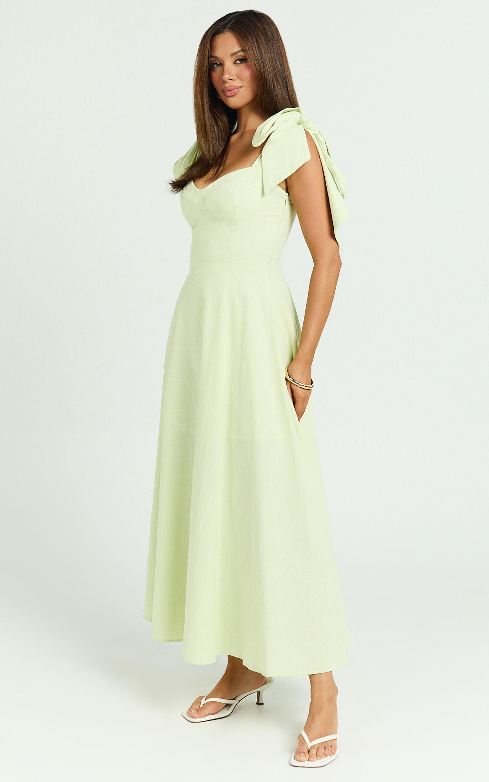 Tymia Midi Dress - Shoulder Tie Bustier Shirred Back A Line in Celery Product Image