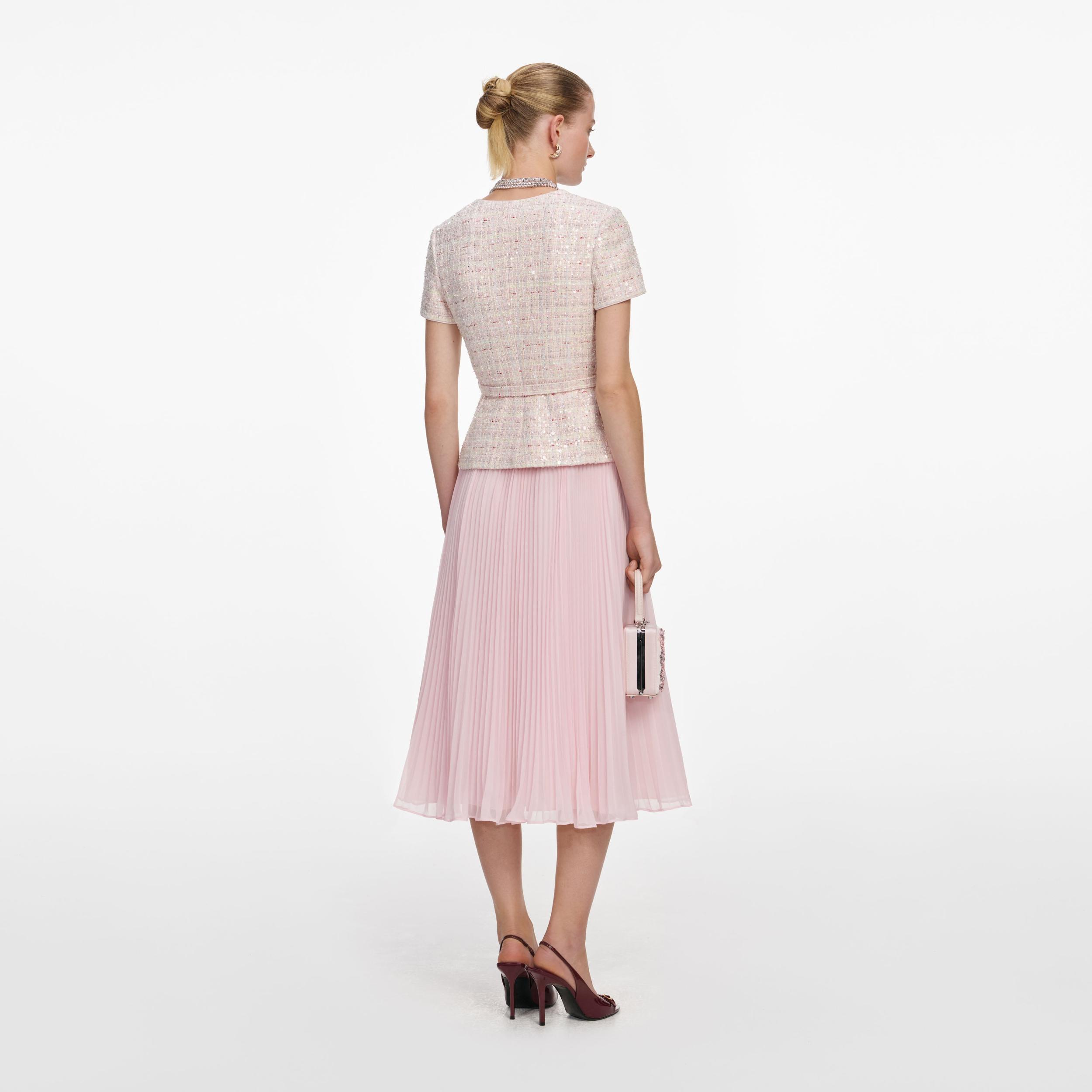 Pink Sequin Boucle Tailored Midi Dress Product Image