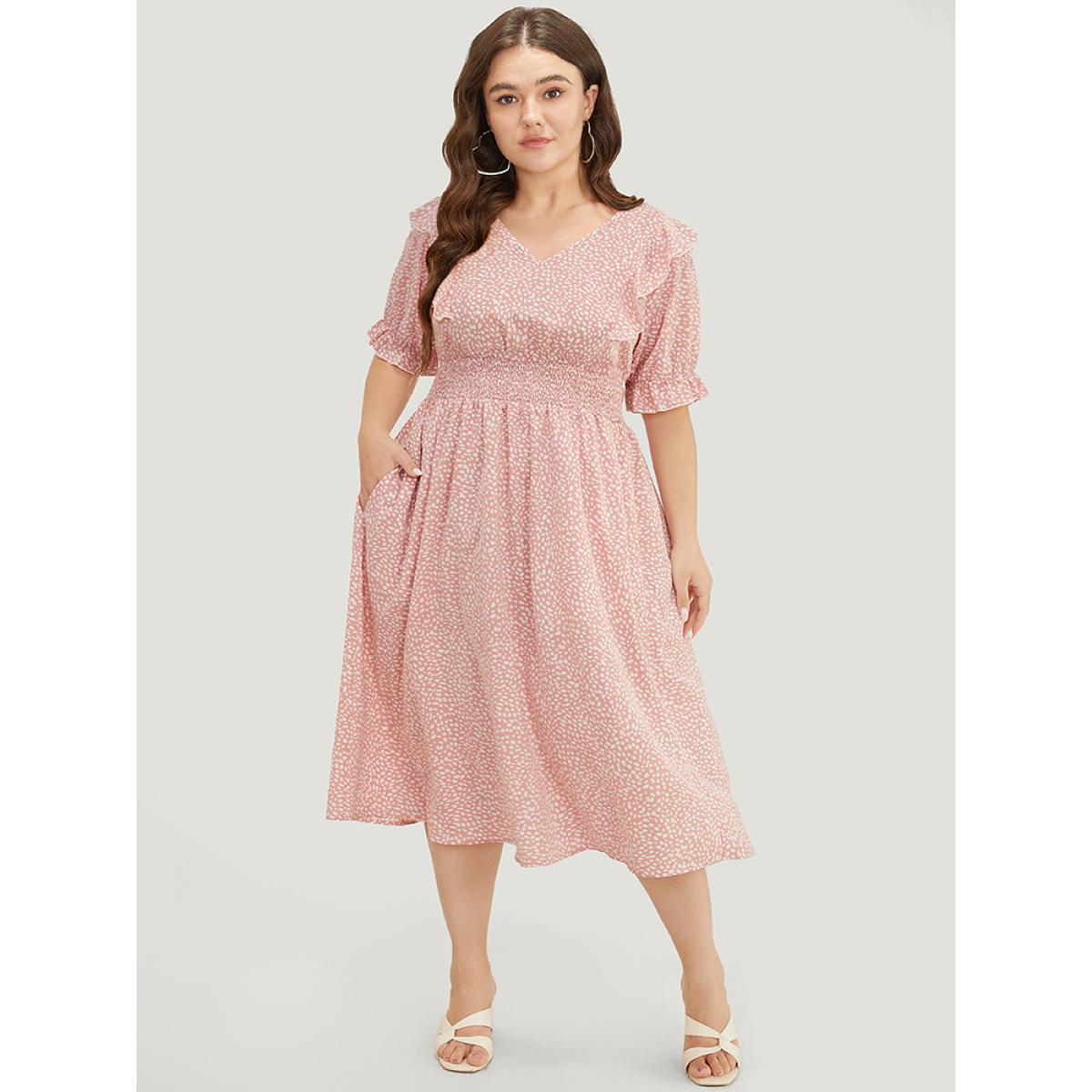 Plus Size Leopard Ruffle Trim Pocket Shirred Puff Sleeve Dress DustyPink Women Elegant Lined V-neck Short sleeve Curvy Midi Dress BloomChic 26/4X Product Image