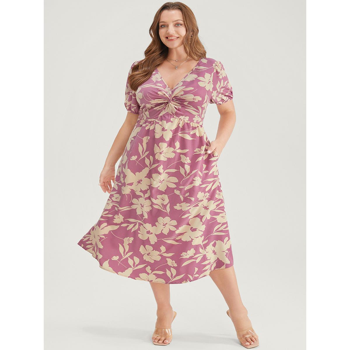 Plus Size Floral Print Twist Front Puff Sleeve Pocket Ruffles Dress Pink Women Elegant Pocket V-neck Short sleeve Curvy Midi Dress BloomChic 26/4X Product Image