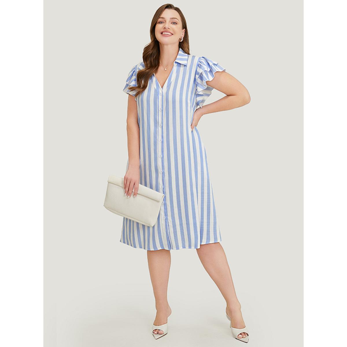 Plus Size Striped Print Ruffles Layered Cap Sleeve Button Up Dress LightBlue Women Office Contrast Lapel Collar Cap Sleeve Curvy Knee Dress BloomChic 12/L Product Image