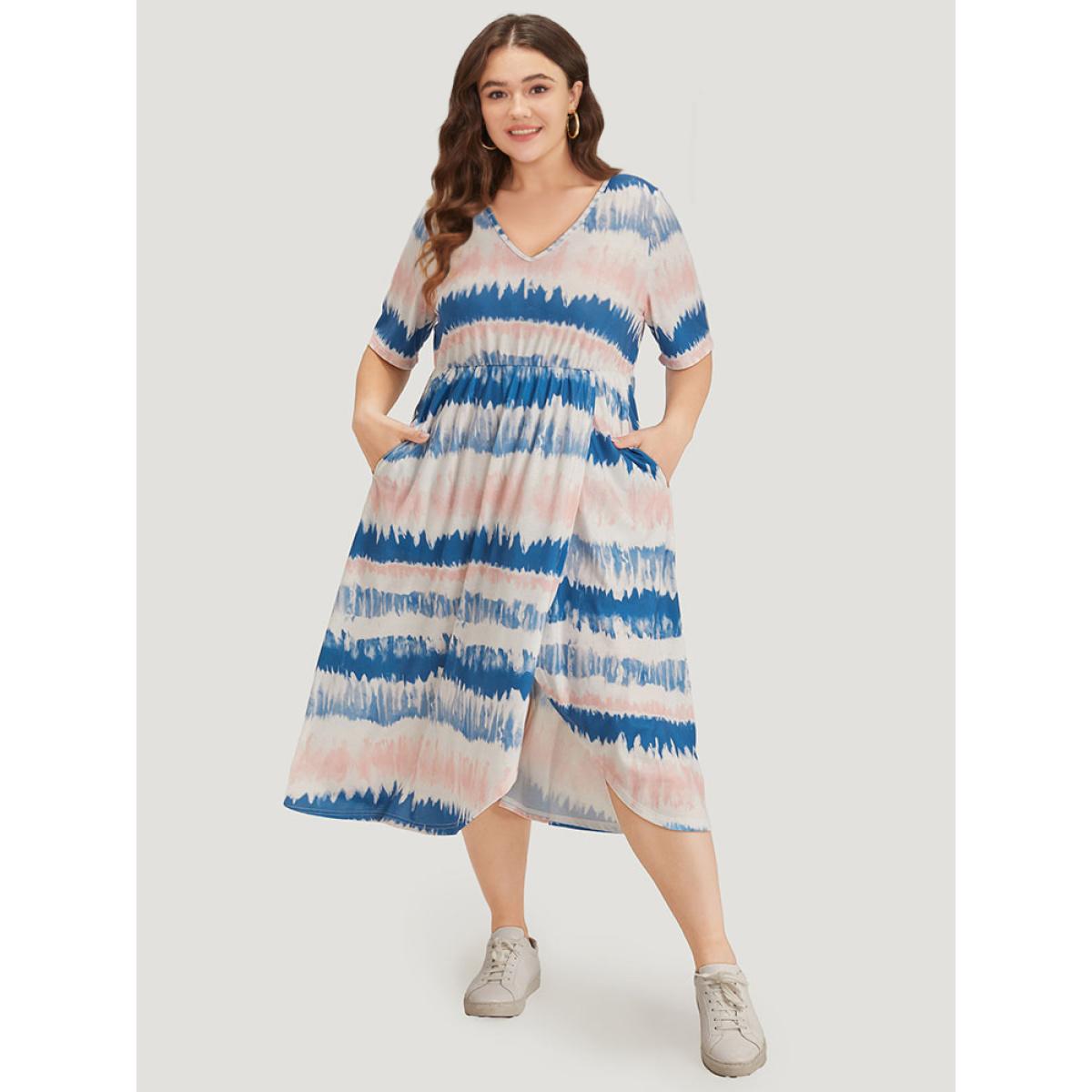 Plus Size Ombre Tie Dye Pocket Split Side Elastic Waist Dress Multicolor Women Casual Tie Dye V-neck Short sleeve Curvy Midi Dress BloomChic 22-24/3X Product Image