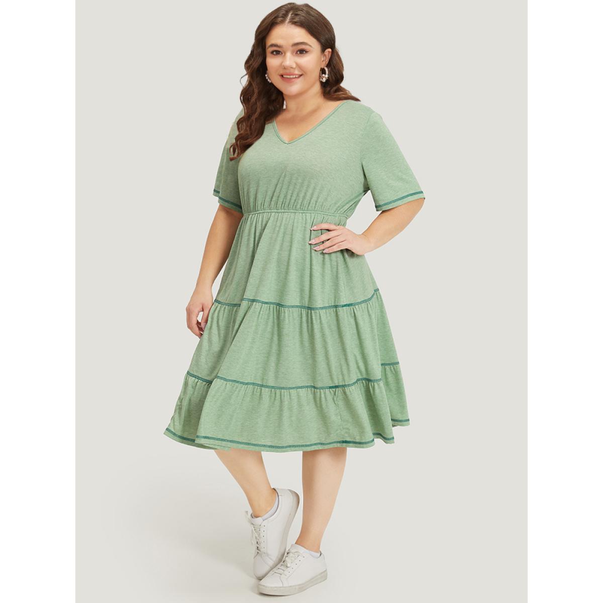 Plus Size Supersoft Essentials Contrast Layered Elastic Waist A Line Dress Mint Women Casual Contrast V-neck Short sleeve Curvy Midi Dress BloomChic 14-16/1X Product Image