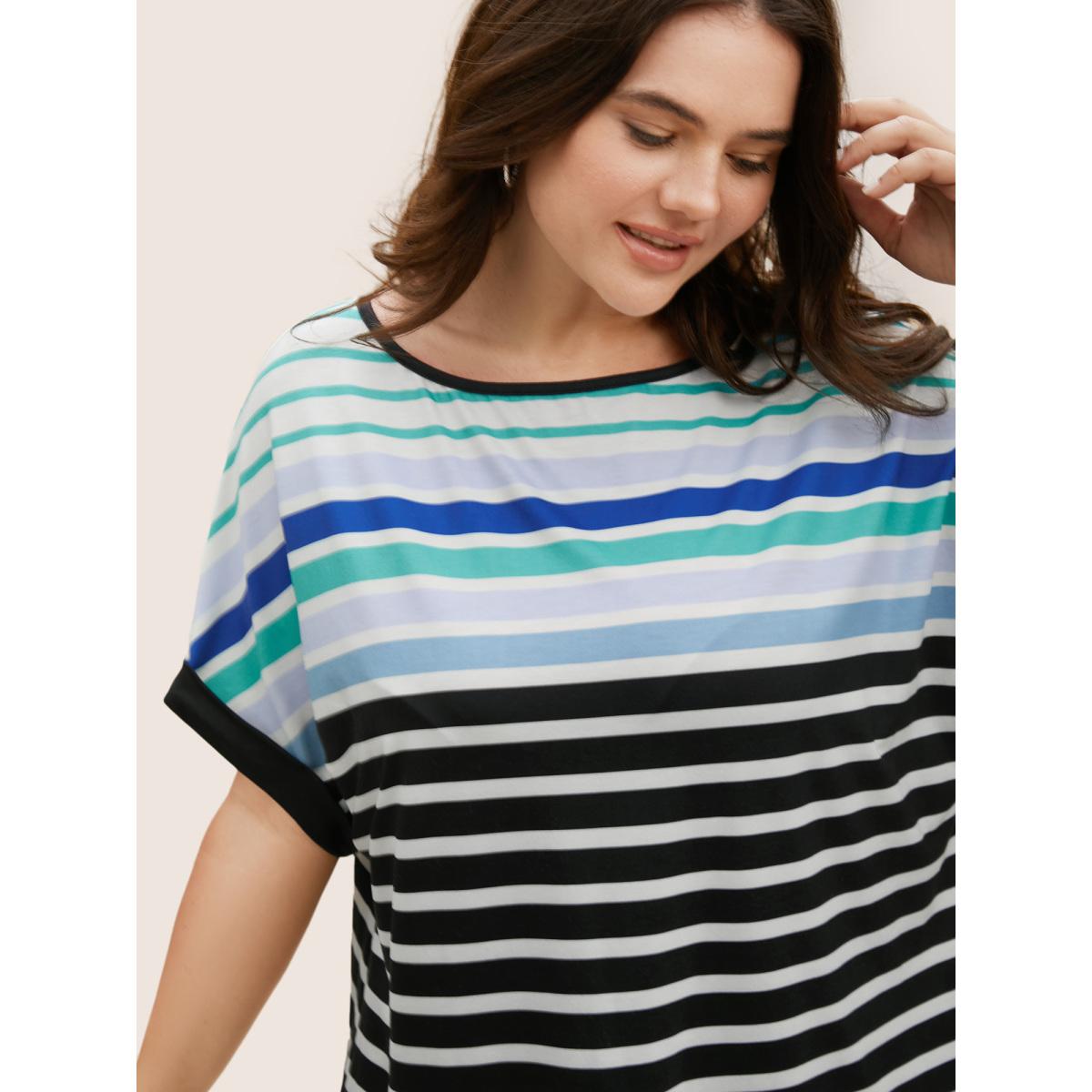 Plus Size Colored Striped Boat Neck Batwing Sleeve T-shirt Black Women Casual Contrast Boat Neck Everyday T-shirts BloomChic 30/6X Product Image