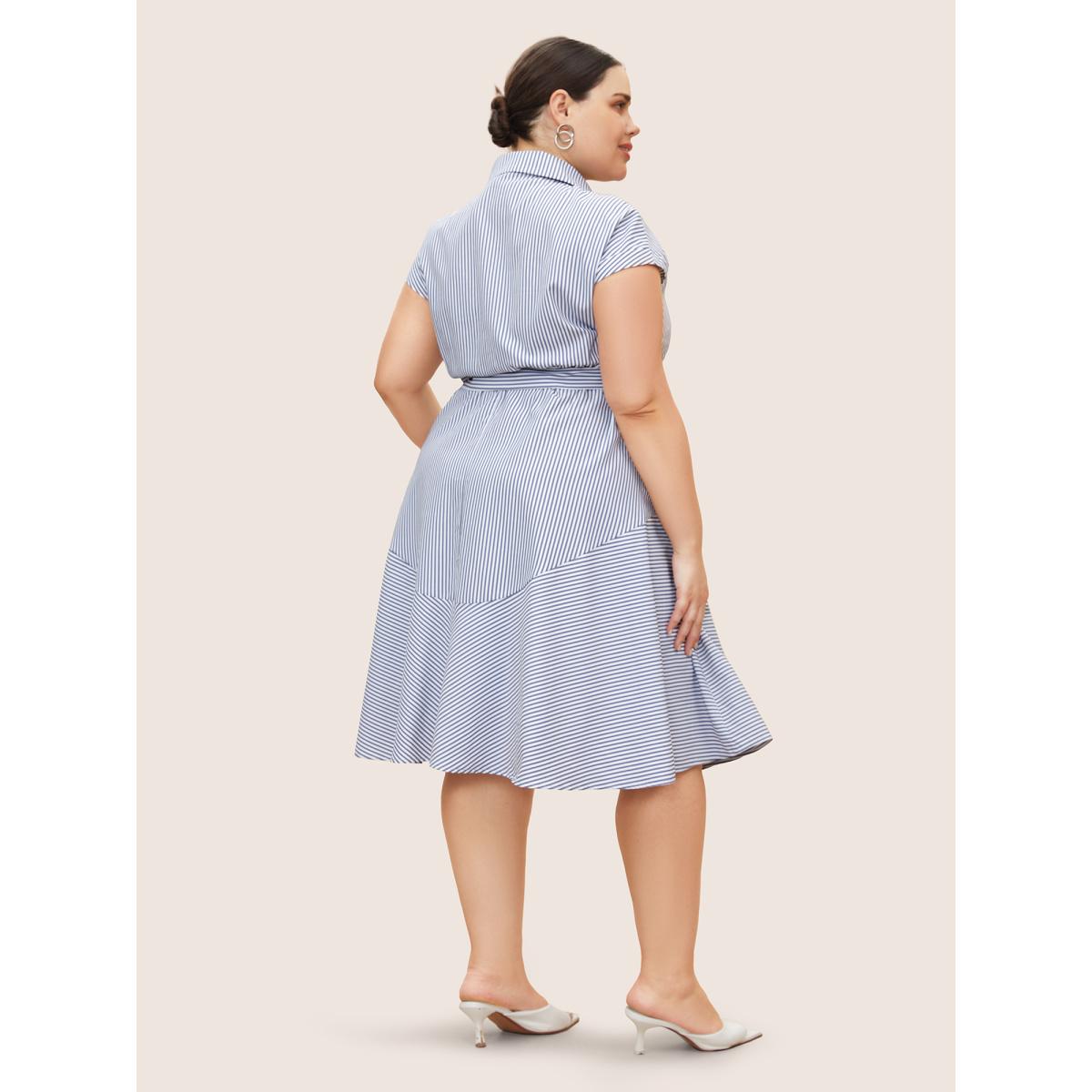 Plus Size Shirt Collar Striped Cap Sleeve Dress SlateGray Women At the Office Belted Shirt collar Sleeveless Curvy BloomChic 30/6X Product Image
