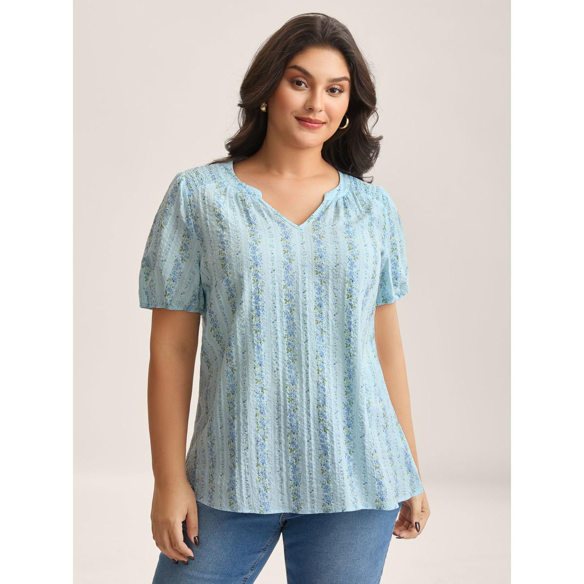 Plus Size LightBlue Cotton Floral Print Notched Collar Blouse Women Timeless Short sleeve Flat collar Elegant Blouses BloomChic 22-24/3X Product Image