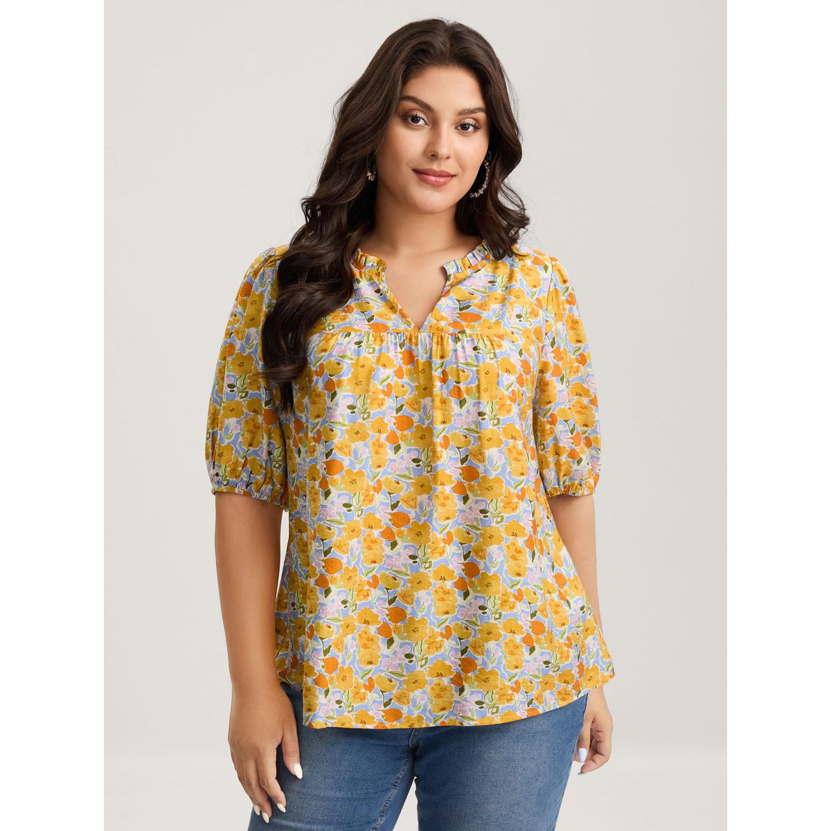 Plus Size LightBlue Rayon Ruffled Notched Collar Blouse Women Timeless Half Sleeve Notched collar Elegant Blouses BloomChic 10/M Product Image