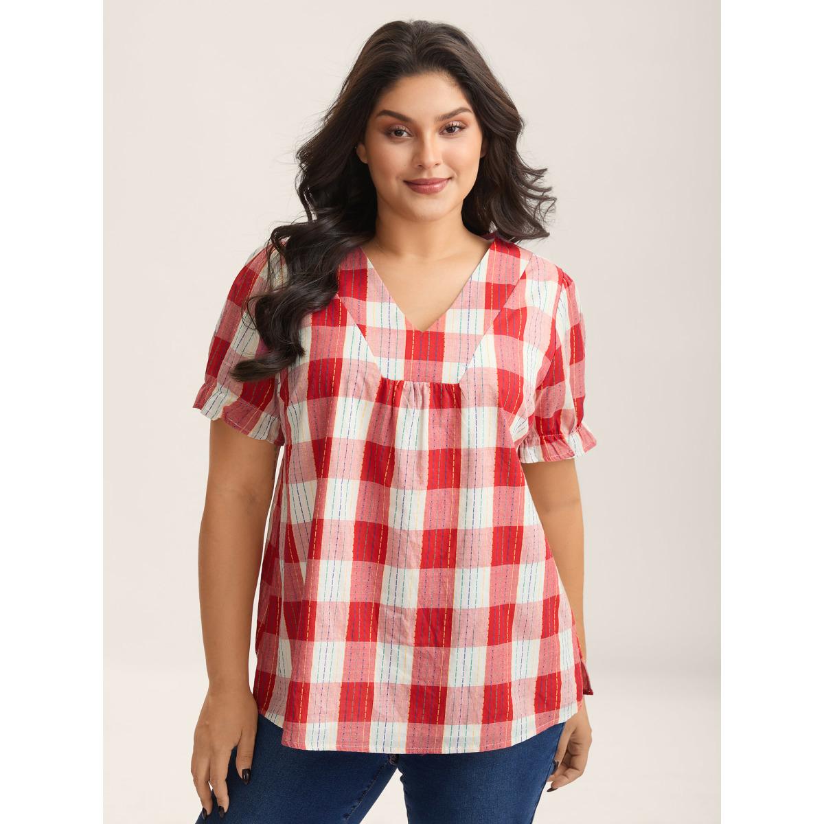 Plus Size Multicolor Cotton Plaid Print V-Neck Puffy Sleeve Blouse Women Playful Short sleeve V-neck Casual Blouses BloomChic 30/6X Product Image