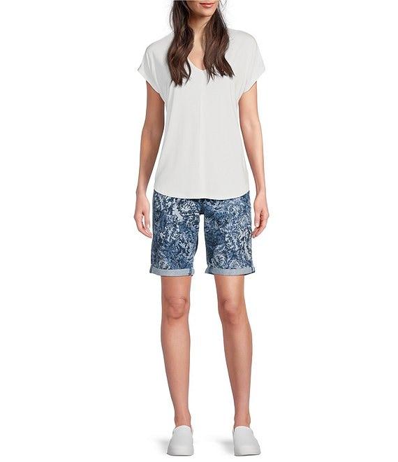 Code Bleu Stretch Denim Paisley Lace Soho High Rise Stacked Waist Double Button Bermuda Shorts Product Image