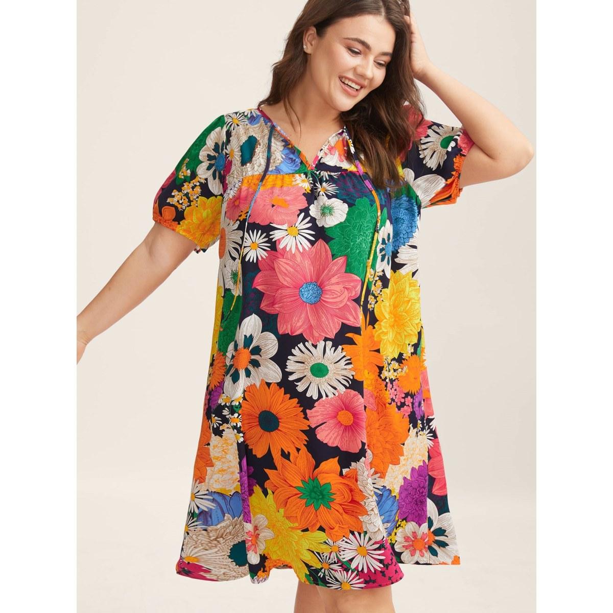 Plus Size Large Floral Print Neck Tie Midi Dress DarkBlue Women Playful Notched collar Short sleeve Curvy BloomChic 26/4X Product Image