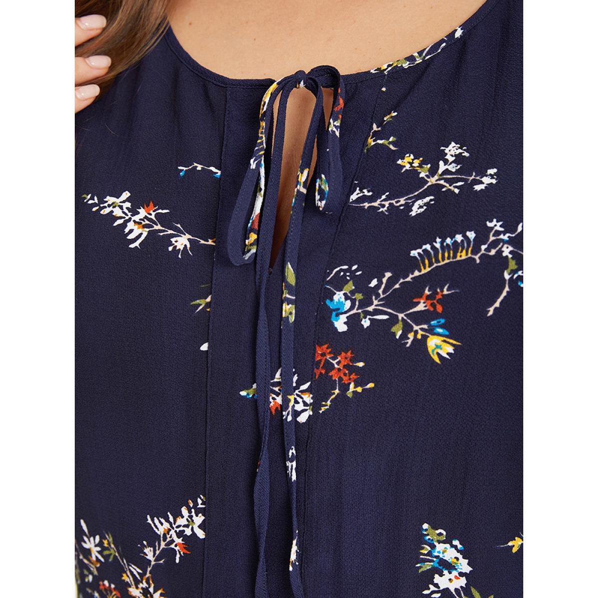 Plus Size Blue Floral Print Knot Neck Blouse Women Elegant Short sleeve Tie Neck Dailywear Blouses BloomChic 10/M Product Image