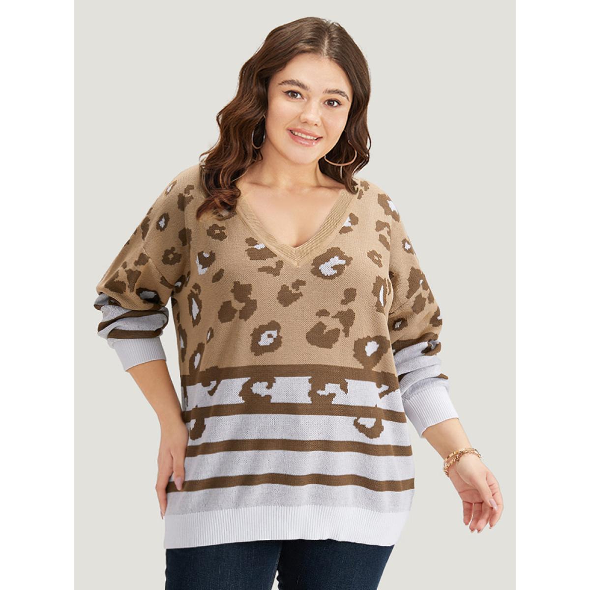 Plus Size Leopard Striped Elastic Cuffs Pullover Leopard Women Casual Loose Long Sleeve V-neck Dailywear Pullovers BloomChic 18-20/2X Product Image