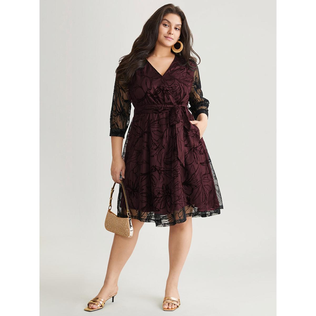 Plus Size Floral Flocked Tulle Belted Dress Burgundy Women Glamour Wrap Overlap Collar Elbow-length sleeve Curvy Knee Dress BloomChic 30/6X Product Image