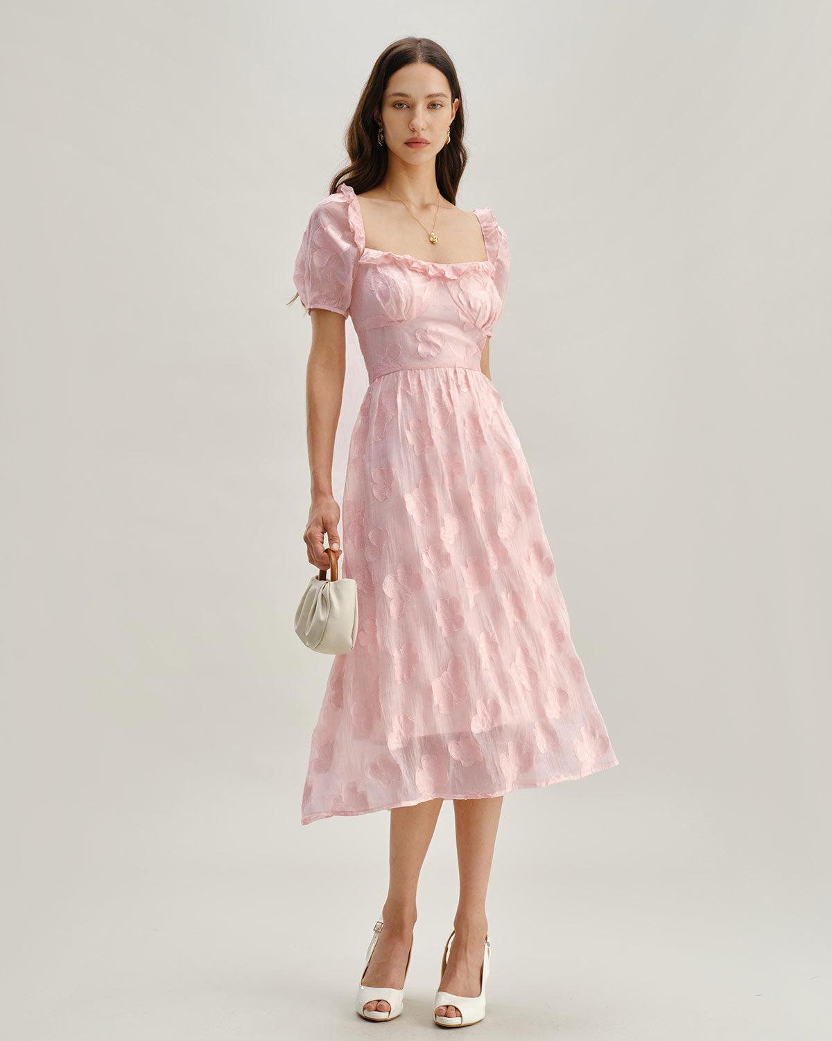 Pink Square Neck Puffed Sleeve Midi Dress Product Image