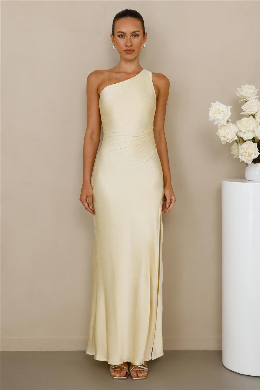 The Aurora One Shoulder Satin Maxi Dress Yellow Product Image