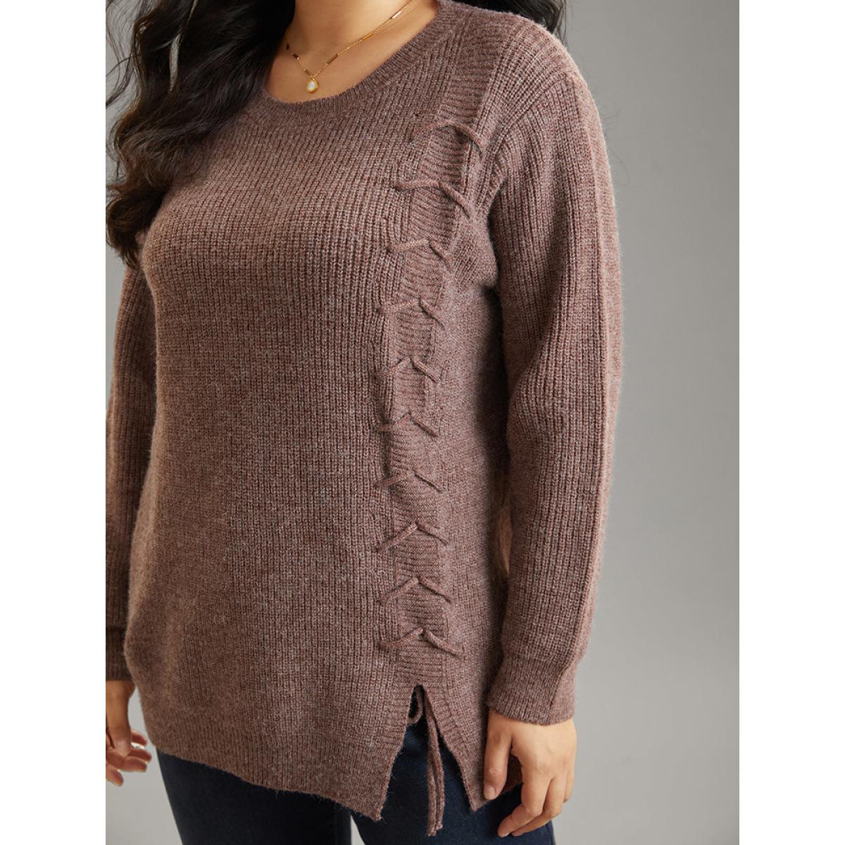 Plus Size Supersoft Essentials Heather Drawstring Ties Pullover DarkBrown Women Casual Loose Long Sleeve Round Neck Dailywear Pullovers BloomChic 10/M Product Image