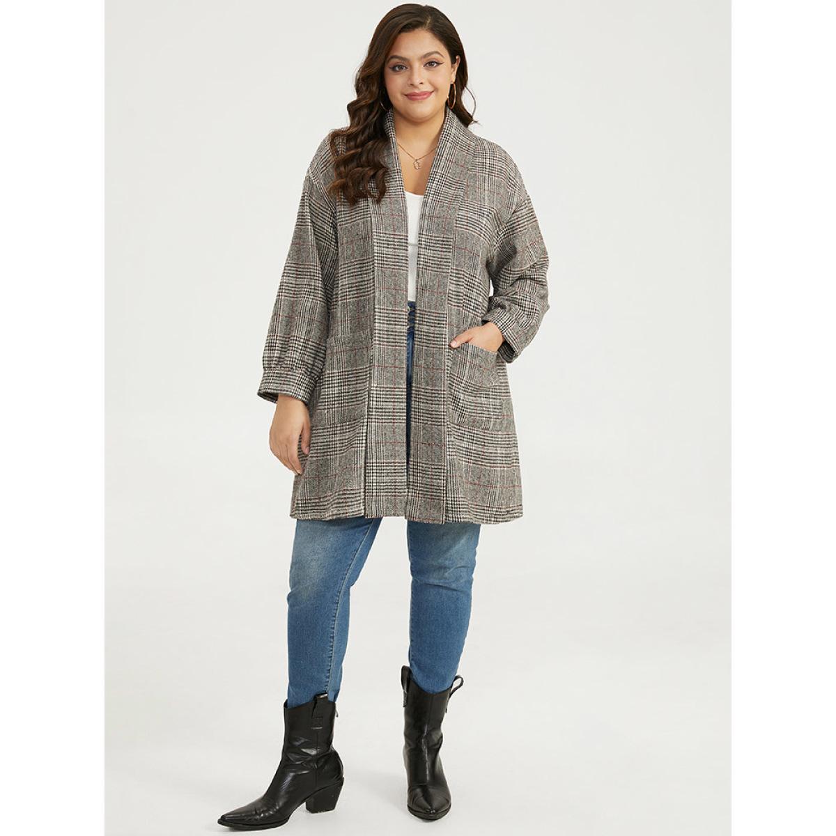 Plus Size Plaid Lapel Collar Patched Pocket Coat Women Tan Casual Texture Ladies Dailywear Winter Coats BloomChic 26/4X Product Image